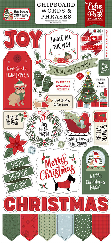 Echo Park Here Comes Santa Paws - Chipboard Words & Phrases